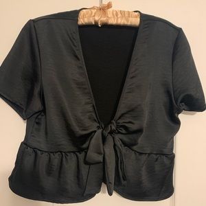Black satin front tie top